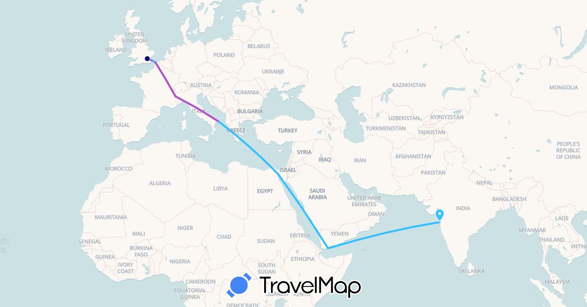 TravelMap itinerary: driving, train, boat in Egypt, France, United Kingdom, India, Italy, Yemen (Africa, Asia, Europe)